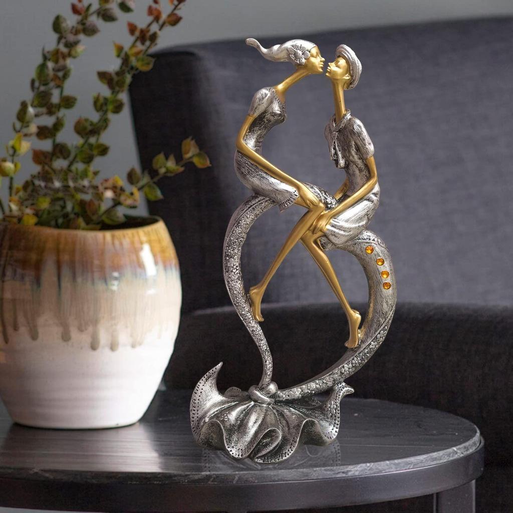 Resin Passionate Lover Kissing Couple Figurine | Beautiful Home Decor (Pack of 1, Silver & Gold)