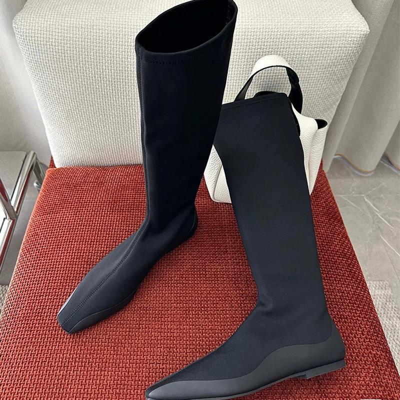 Herbst Minimalistisch Vielseitig Elastisch Skinny Stiefel Damen Strumpfstiefel Eckige Spitze Flacher Boden Aber Knie Langstiefel