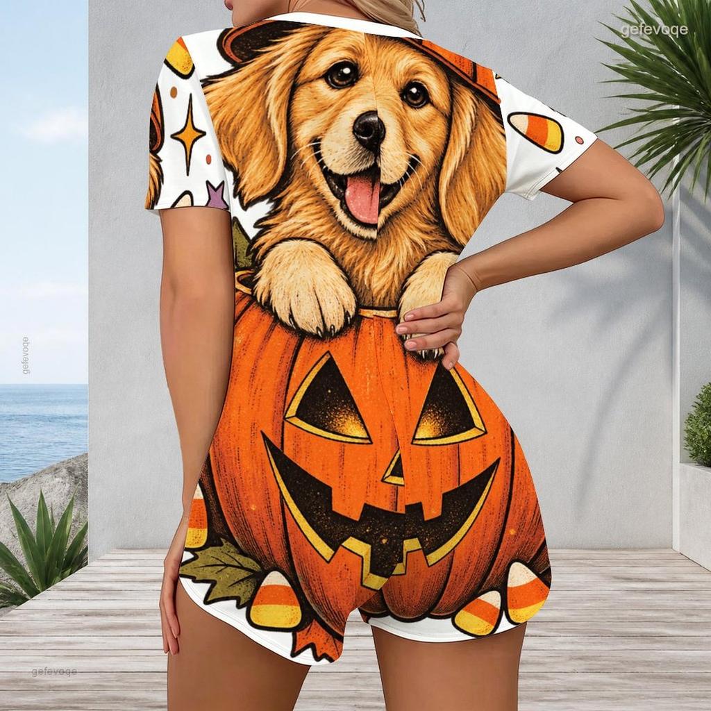 Women Plus Size V Neck Short Sleeve Button Front Raccoon Pumpkin Print Short Romper