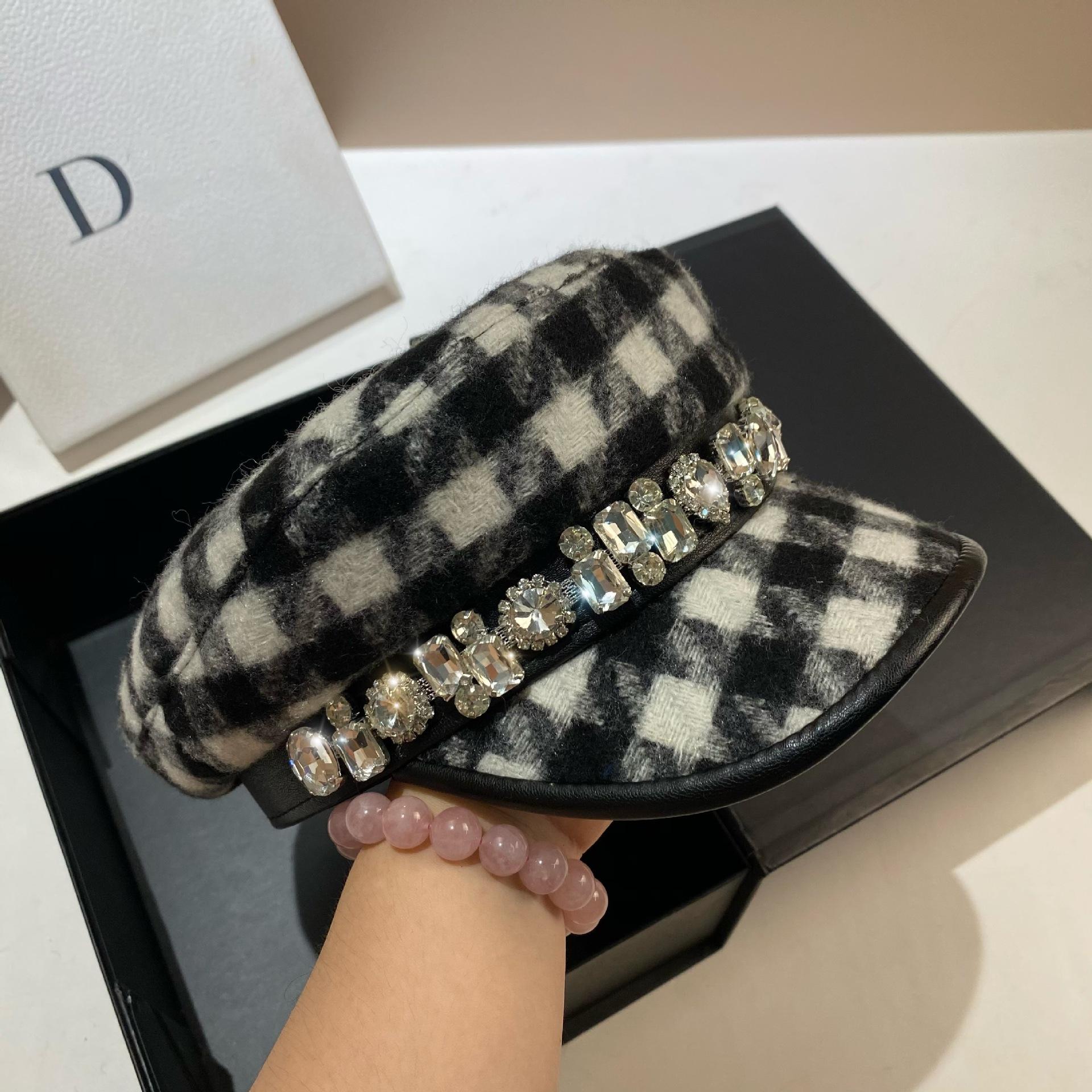 Легкая Роскошь Нишевая Синяя Кепка со Стразами, Маленькая Ароматная Клетка, Шерстяная Кепка-газетчик со Стилем Adjustable