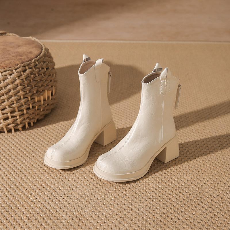 Small height-increasing boots women's autumn and winter thick-heeled short boots autumn and winter white high-heeled boots leather boots Martin boots