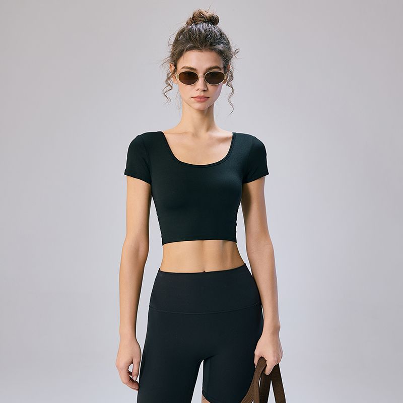 Mitaogirl Kendall Wind Sports Top Women Short Backless Fitness Yoga Clothes Summer With Chest Pad Short Sleeve T-shirt