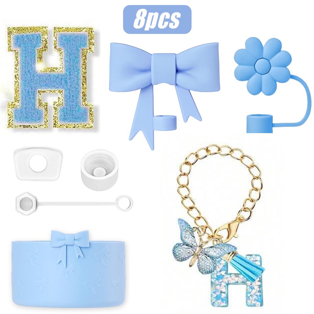 8-teiliges Tassenzubehör-Set für Stanley Cup 30oz 40oz, A-Z Initialen Dekorationen, inklusive Silikon-Strohhalmkappe, Aufkleber