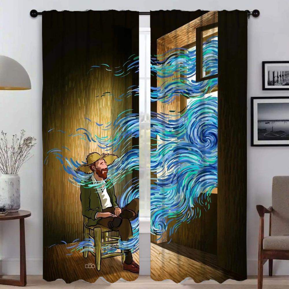 Van Gogh Curtains Child Room Blackout Curtain for Room 2 Panel Partition Tulle for Bedroom Shades Halloween Decoration Living