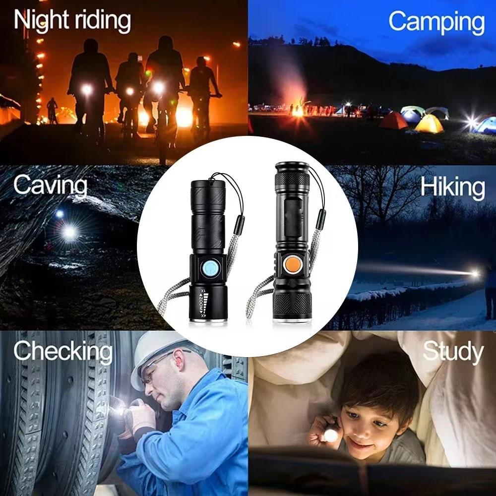 Powerful LED Flashlight With Tail USB Charging Head Zoomable Waterproof Torch Portable Light 3 Lighting Modes Built-in Battery