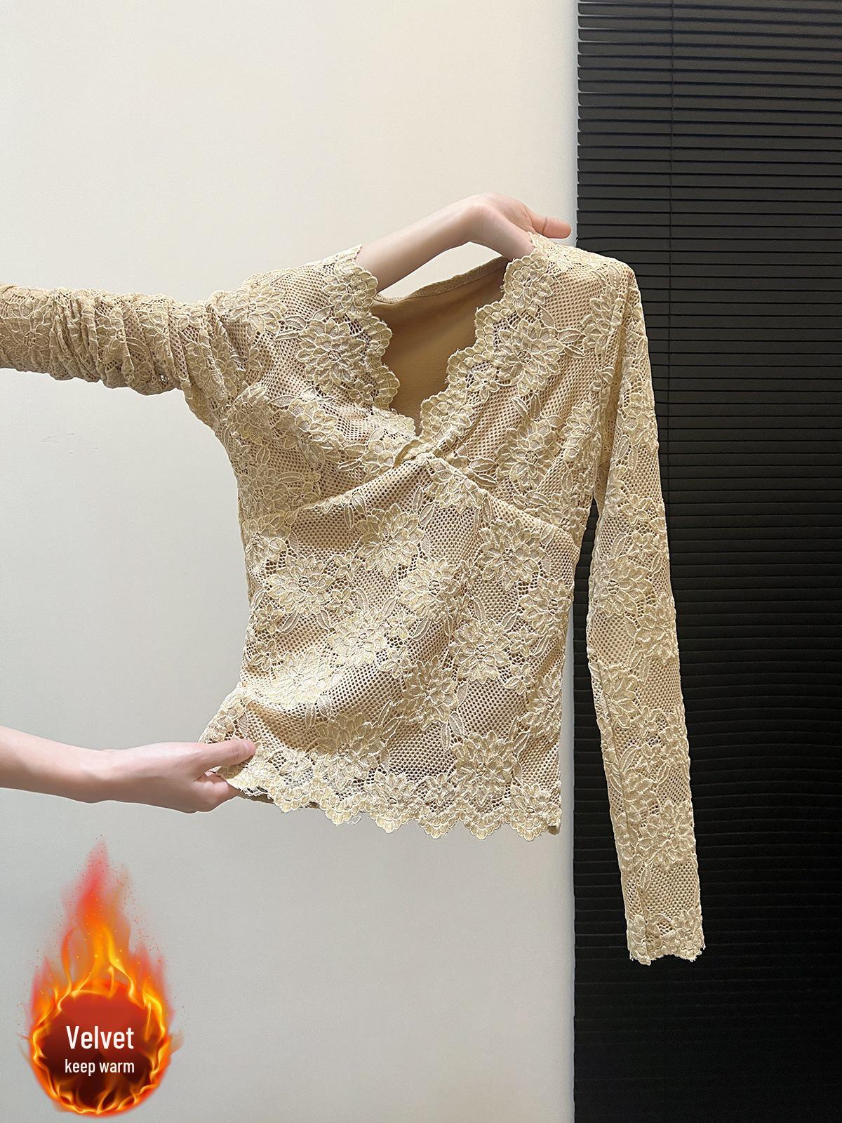 2025 Luxe Autumn Winter Velvet Lace Slimming Base Layer Top L