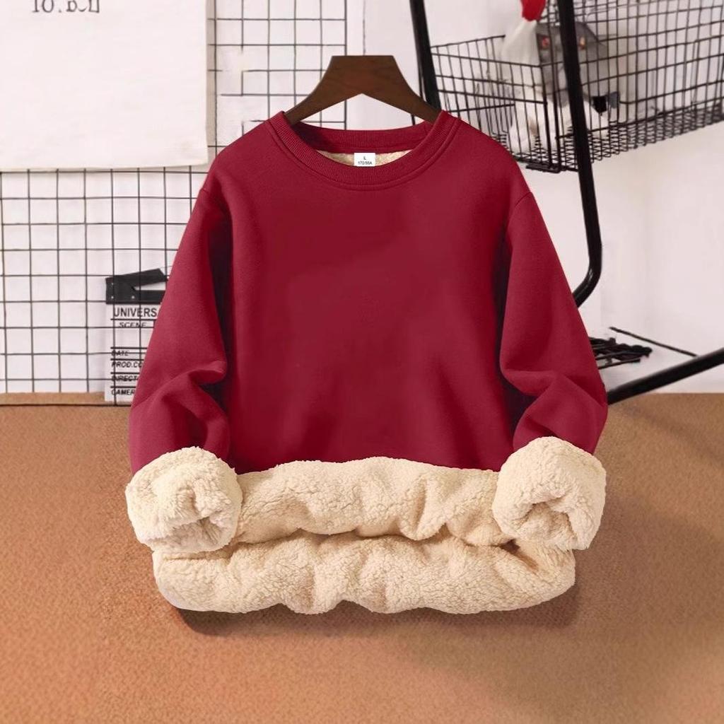 Lambswool Velvet-Lined Crew Neck Hooded Pullover for Women – Loose, Solid Color, Korean Style, Autumn/Winter