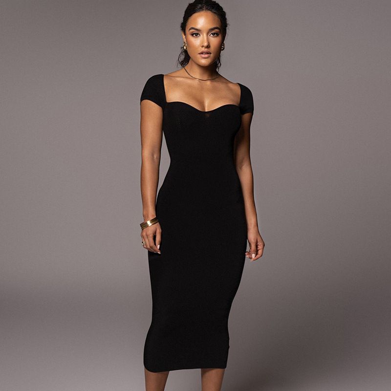 Style European and American Foreign Trade Women Clothes Low Cut Square Collar Short Sleeve Waist Hugging Sheath Slim Fit Sexy Temperament Thread Dress