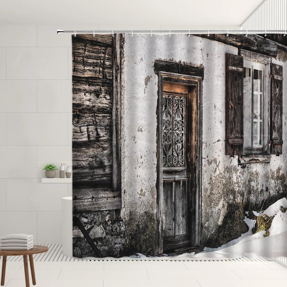 Retro Vintage Old Wooden Doors Shower Curtain Sets Western Barn Rusty Iron Lock Bamboo Bathroom Bathtub Decor Screens With Hooks