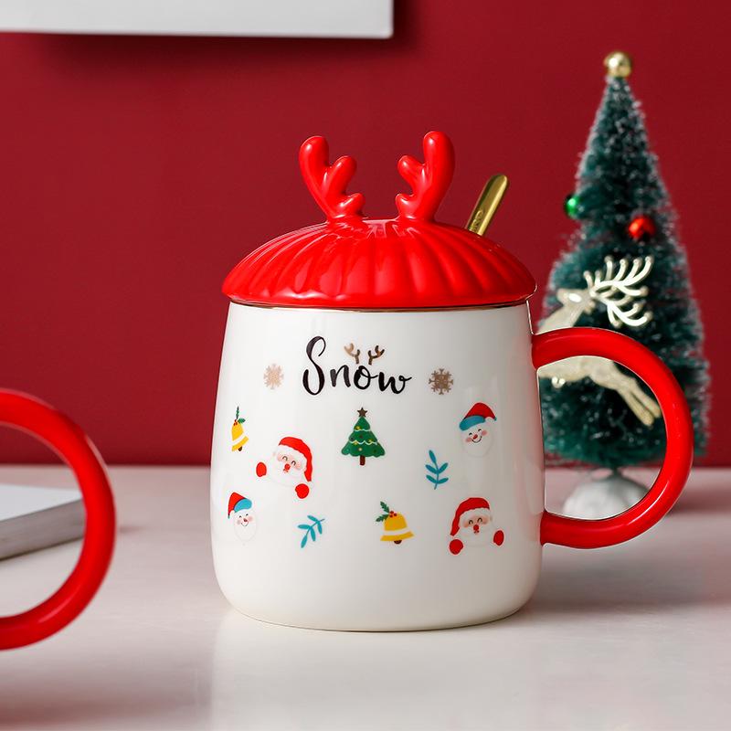 Creative Christmas festive gift-giving mug ceramic cartoon cup Nordic couple water cup coffee cup with lid spoon