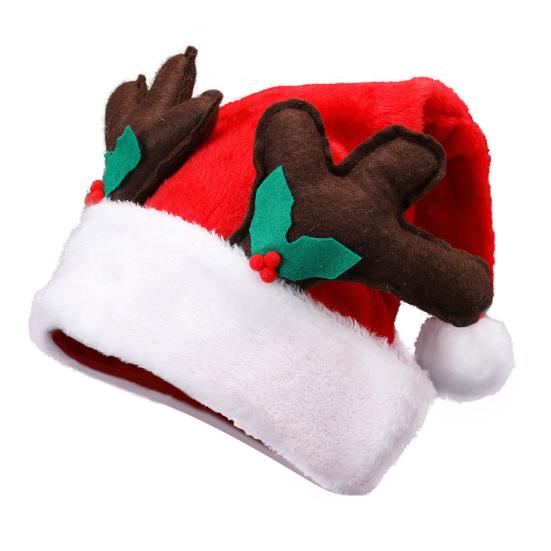 Christmas Hat with Deer Antler Red Short Plush Santa Hat with Pompom Holiday Costume Accessory for Christmas Party Supplies Photo Props