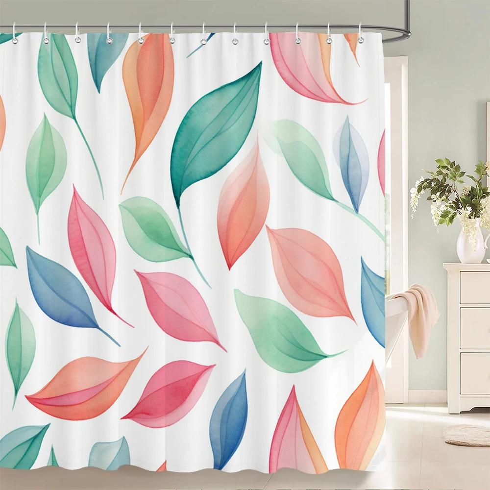 1Pcs Watercolor flower and plant leaves printed fabric waterproof shower curtain, home decoration bathroom curtain, with hooks