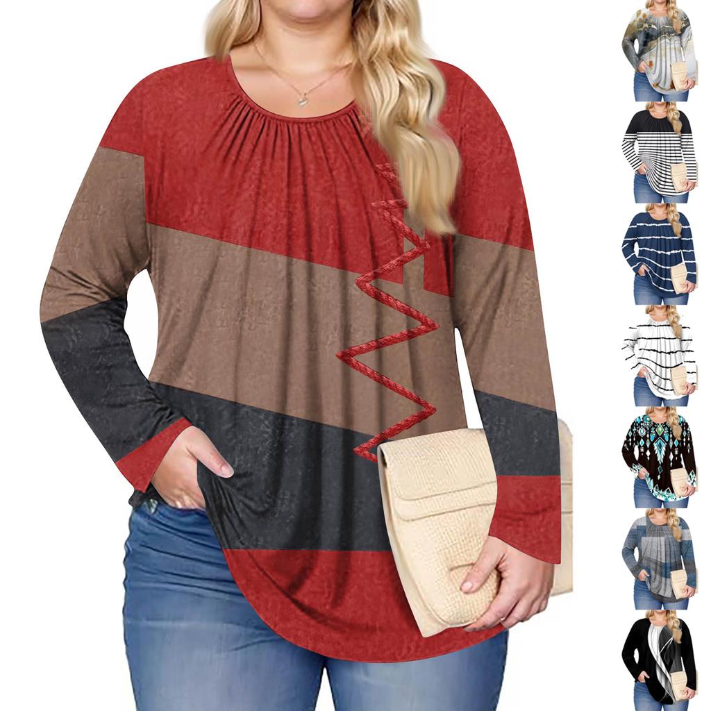 Women's Plus Size Fashion Printed Casual Pleated Round Neck Long Sleeve Top