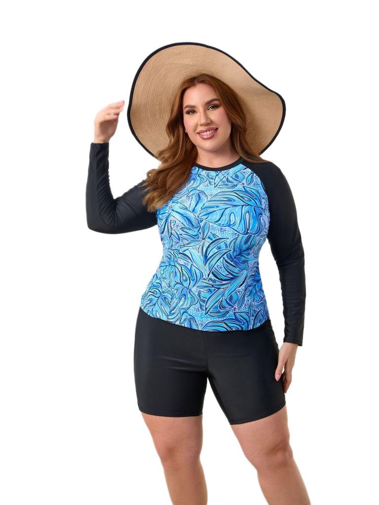 Women's Plus Size Long Sleeve Swim Set - Two-Piece Surfsuit with Boxer Briefs for Sun Protection and Diving.