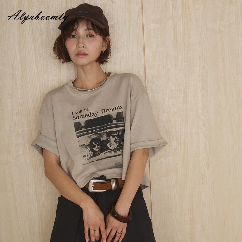 Korean Fashion Summer Women Basic Streetwear Tee O Neck English Letter Print Casual Loose Top Cotton Ladies' White Gray Light Khaki T-Shirt