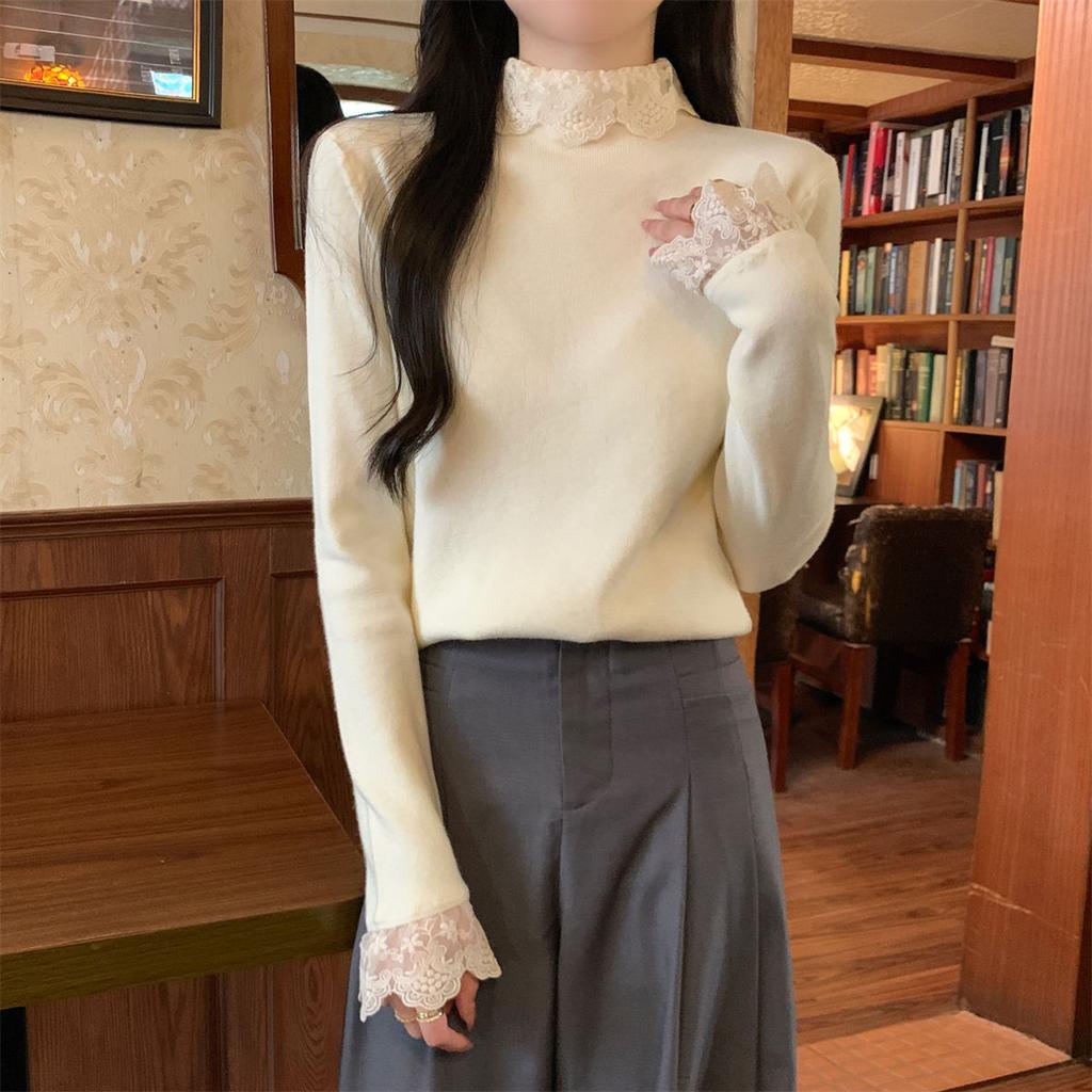 Lace splicing turtleneck soft waxy slim-fitting Andy velvet bottomed knitted sweater women's autumn and winter inner top