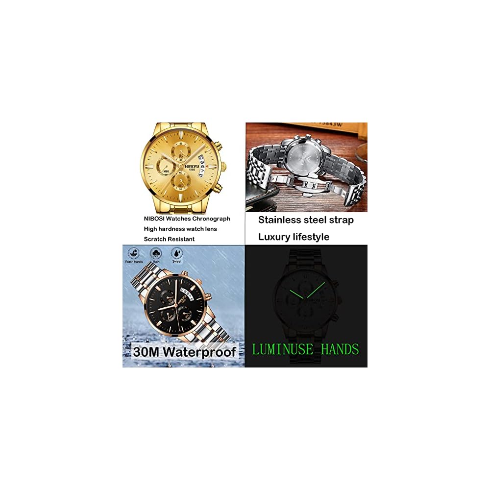 NIBOSI Men's Business Chronograph Watch Big Face Analog Black Stainless Steel Metal Band