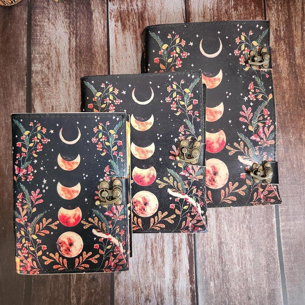 Vintage Flower Moon Eclipse Leather Dairy Notebook Sketchbook Leather Journal 200 Deckle Edge Pages