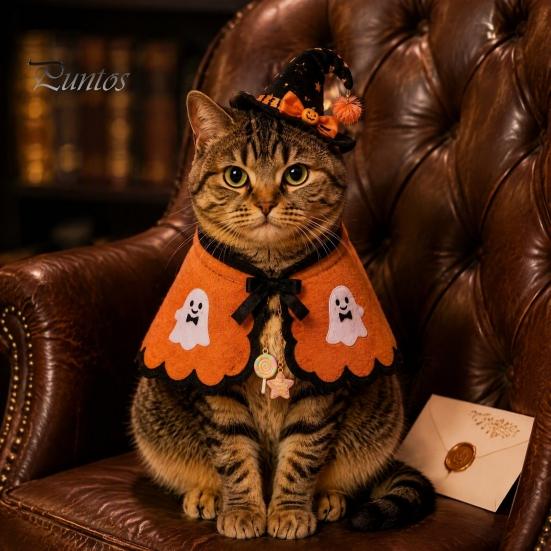 Cat Witch Hat Set Halloween Costume, Cute Ghost Cloak, Funny Pet Costume for Small Pets Festival Outfit, Kitty Cosplay Cape Holiday Party Accessories