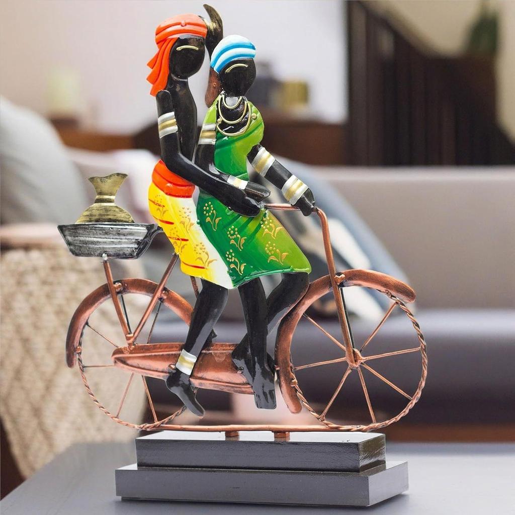 Handcrafted Ethnic Tribal Bicycle Couple Showpiece - 16x13 Inch Tribal Home Décor with Wooden Base for Housewarming, Anniversaries
