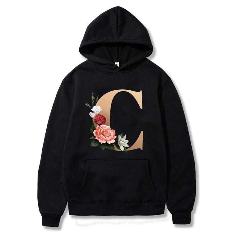 A B C D E English Alphabet Printed Female Hoodie Women New Autunm Couples Lovers Long Sleeve Hoody Harajuku Casual Black Tops