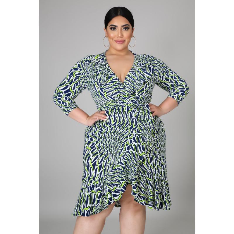 Elegant and Stylish V-neck Big Size Dress with Irregular Lotus Leaf Edge