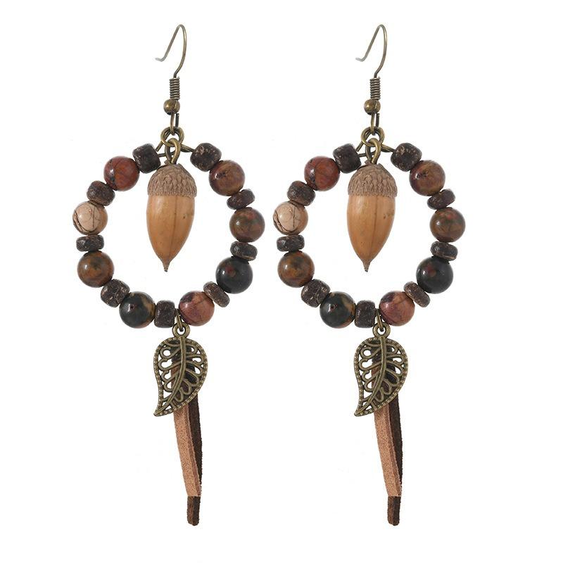 Retro niche literary earrings, natural plant fruits, wooden dried fruits, long fringed women's earrings