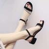 Sandals Female Summer 2025 New Middle Heel Thick Heel One-word Buckle with Rhinestones Fairy Style Versatile Shoes with Skirts