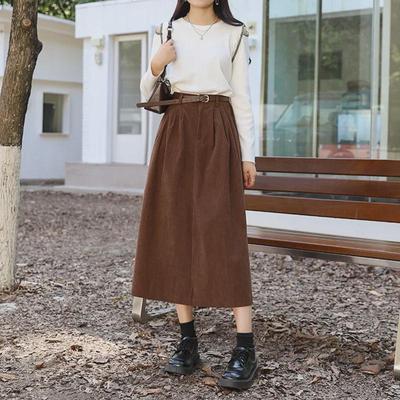 Fustă A-line din catifea reiată kaki pentru femei Maillard cu curea - Retro de lungime medie, stil plisat pentru toamnă și iarnă
