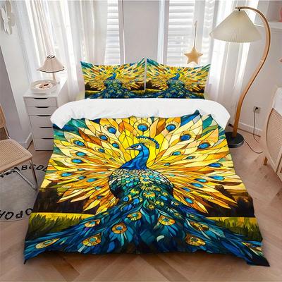 3pcs Peacock StainedGlass Bedding Cover Set, Fashion Classic Popular Print Bedding Set, Soft Comfortable, All Season Use, For Bedroom, Guest