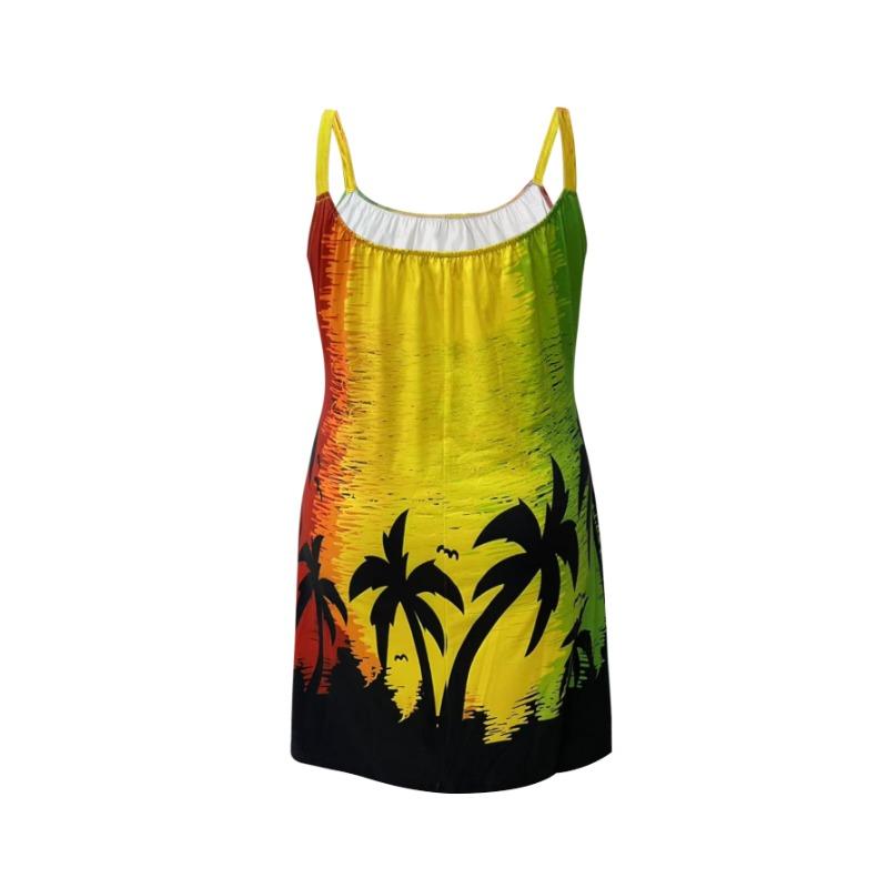 Plus-size Women's Fashion Beach Style Coconut Tree Silhouette Printed Off-shoulder Camisole Dress