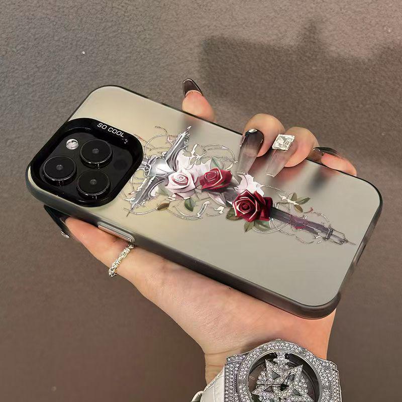 Carcasa de Concha de Plata de Ley Cross Rose para iPhone 17/16/15 Pro, 14 Pro Max, 13/12/11