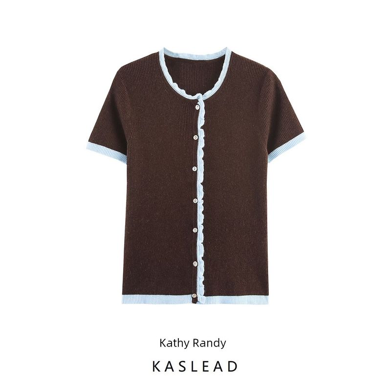 Kaslead New Women Clothes Western Style Fashion Simple Contrast Color Knitted Short Sleeve Outerwear 0014114 700