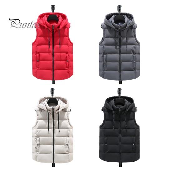 Unisex Cotton Waistcoat Hooded Stand Collar Drawstring Sleeveless Zipper Placket Vest Coat with Pockets Solid Color Thickened Warm Vest Jacket