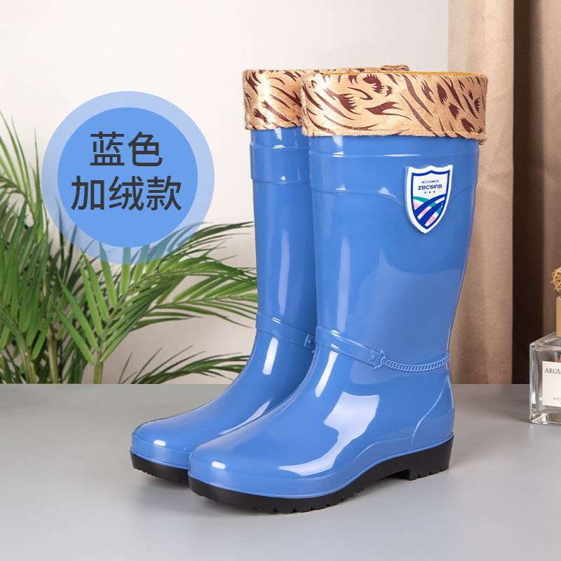 High tube rain shoes water shoes women's long tube rain boots warm beef tendon thick sole catch the sea water boots car wash kitchen work rubber shoes