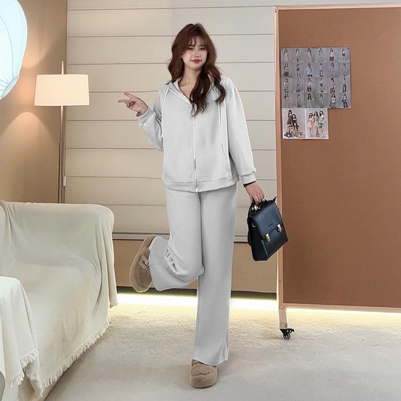 Σετ Φούτερ Δύο Τεμαχίων Μεγάλου Μεγέθους: Casual Πλεκτό Μακρυμάνικο Τοπ & Φαρδύ Παντελόνι για Γυναίκες