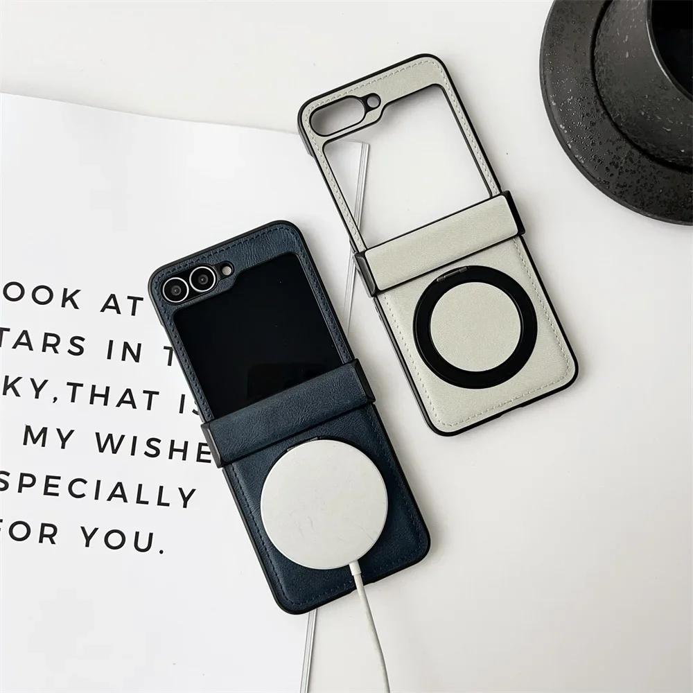 Premium Magnetic Rotating Bracket Phone Case for Samsung Galaxy Z Flip 7 FE 6 5 4 3 5G Leather Hinge Protective Shockproof Cover
