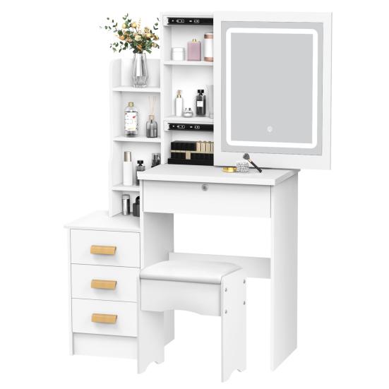 Makeup Mirror Desk Vanity with Sliding and Lights, Bedroom Dressing Table, Lighted Table Drawers & Shelves, Hidden Storage Space Dresser