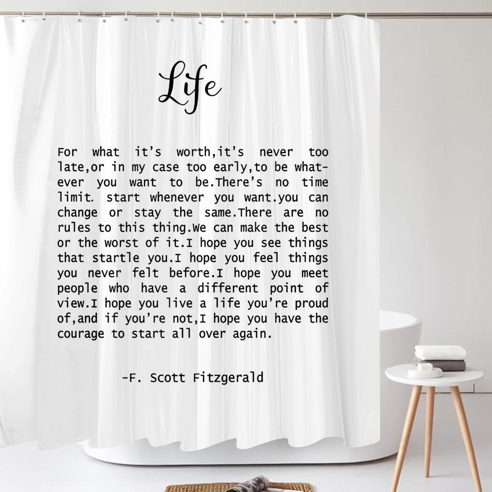 Schwarz Weiß Kunst Wort Duschvorhang Stoff Wasserdicht Polyesterstoff Moderner Einfacher Stil Badewanne Badezimmer Vorhang Mit Haken