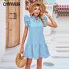 Summer Women's Skirt V-neck Ruffle Sleeve Pleated Princess Dress Solid Color Dress