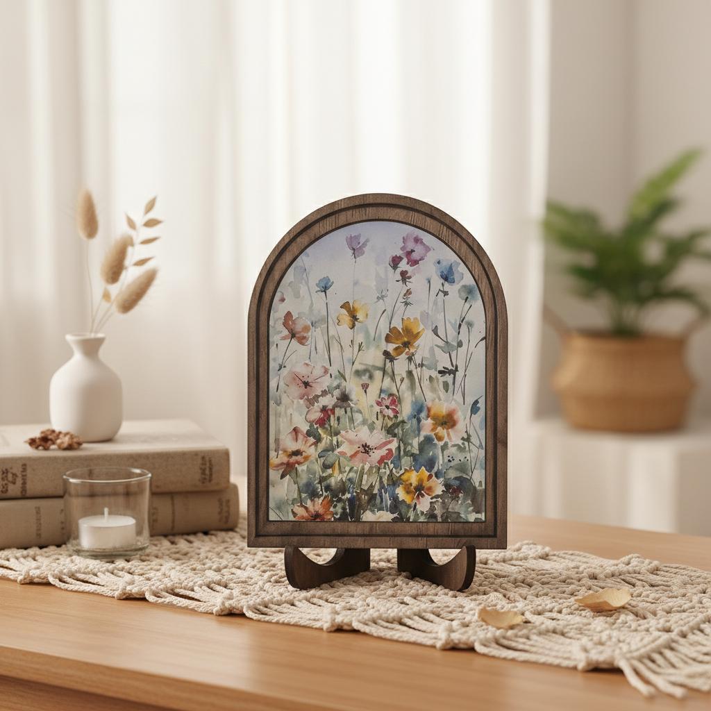 Boho Style Desktop Ornament Wooden Flower Pattern Door Shaped Sculpture For Desk Fireplace Cabinet Home Decoration Accessory