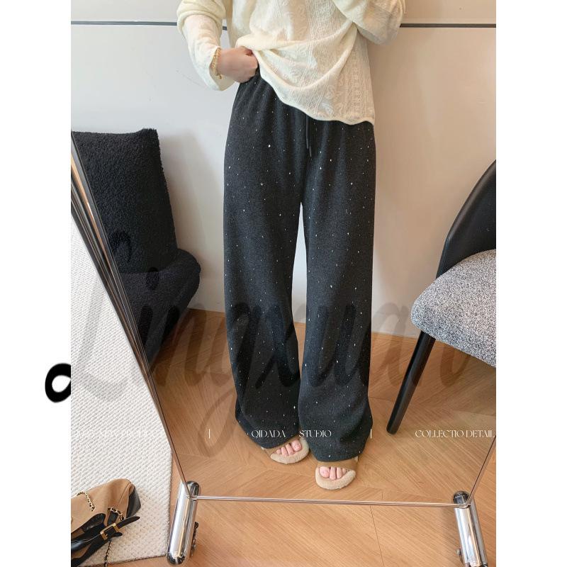 Women s High-End Velvet Sweatpants with Rhinestones - Deep Gray, Straight Cut, 2026 Design XL