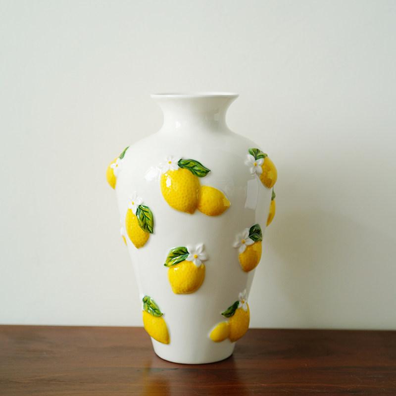 Ceramic Vase Three-dimensional Lemon Relief Sculpture Flower Vase Floral Arrangement Accessories Ceramic Handicrafts Vases