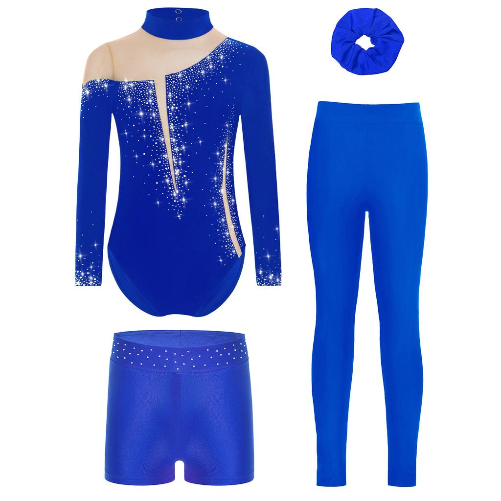 Ensemble de gymnastique et de danse pour filles Manches longues Dos avec découpe Strass Scintillants Justaucorps avec Short Leggings Bandeau pour Cheveux