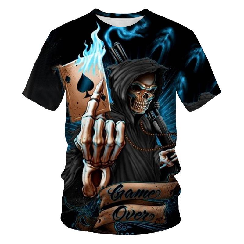 Fashion Men's Crew Neck Short Sleeve 3D Skull Color Printed Skull Short Sleeve Crew Neck T-Shirt