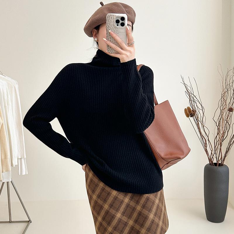 Ribbed High Neck Wool Sweater: Solid Color, Slim Fit, Long Sleeve, Korean Chic Style