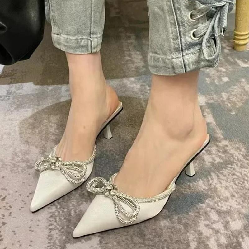 Fashion Women Fashion High Heel Slippers Rhinestone Woman Pump Crystal Bowknot Ankle Strap Ladies Prom Shoes Women High Heel Party Shoes