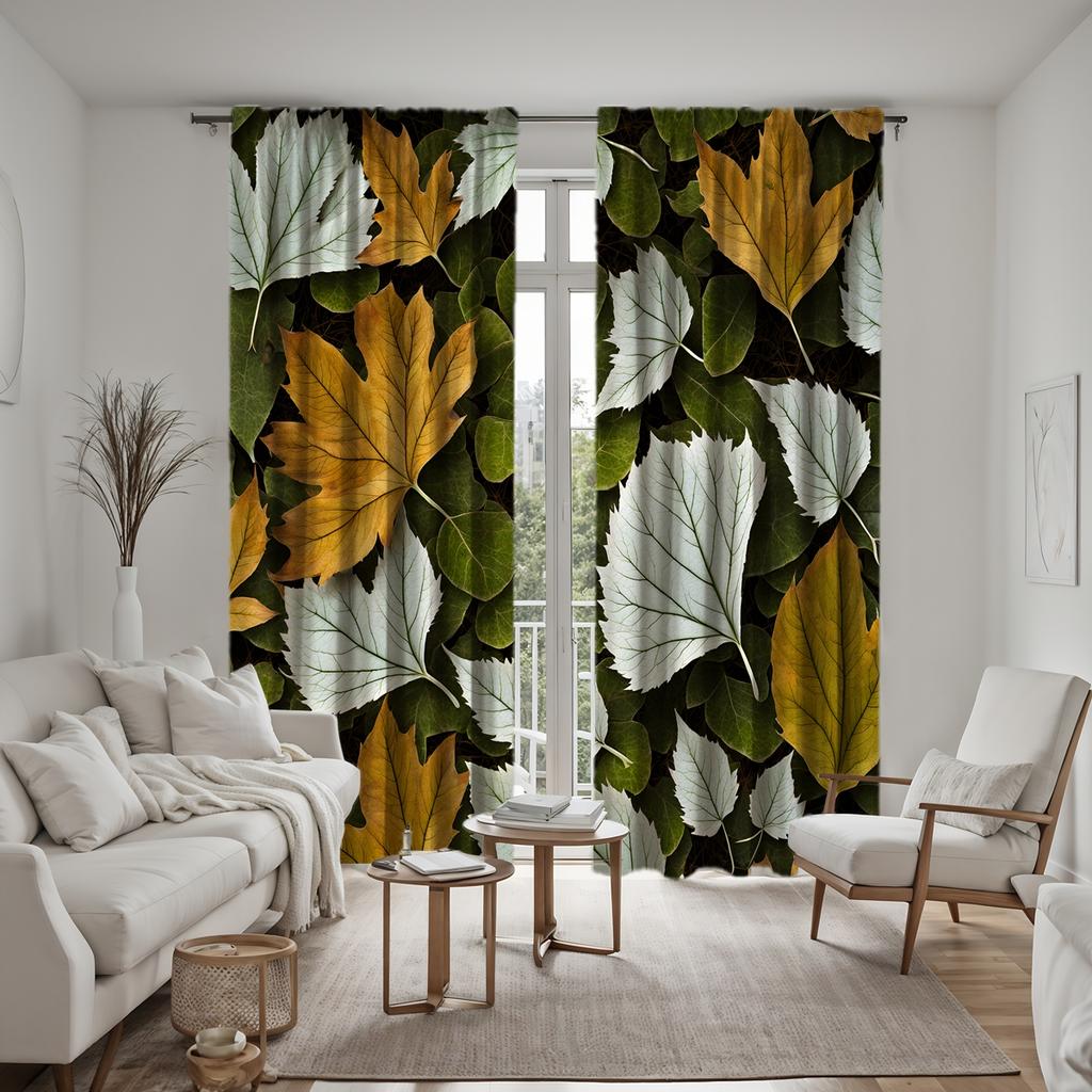2pcs HD yellow-green maple leaf curtains everywhere Green tie digital printed curtains Home decoration style Decorate living