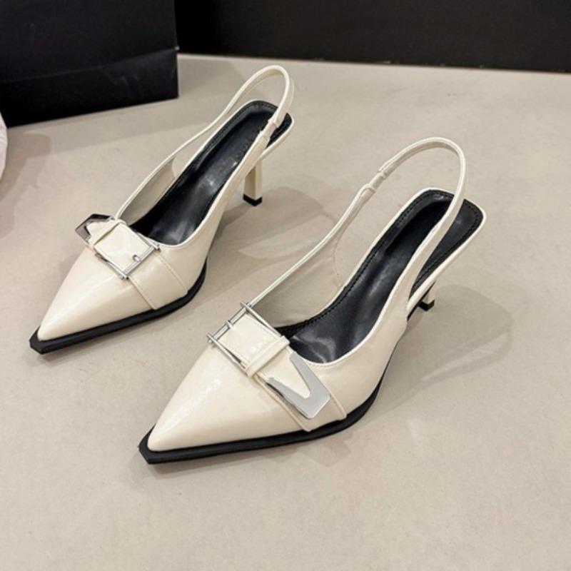 Women's Fashion Metal Belt Buckle Baotou Sandals Summer New Pointy Toe Shallow Mouth Set Foot Non-slip High Heels