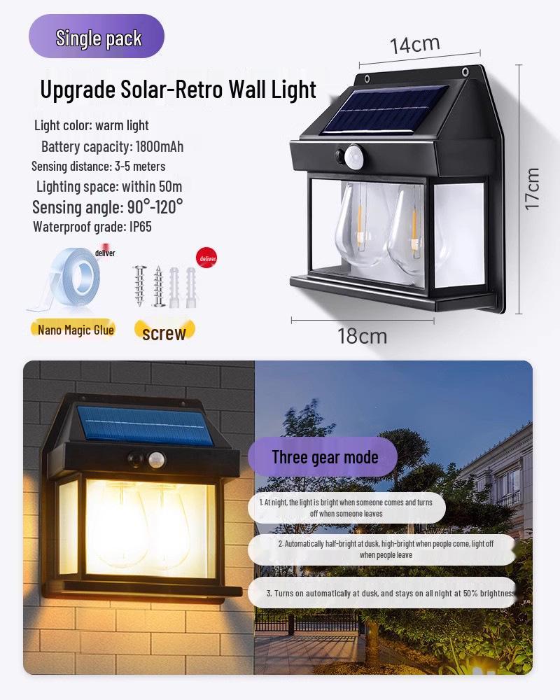 Solar-Außenwandleuchte wasserdicht für Hof, Villeneingang und Gartenpatio